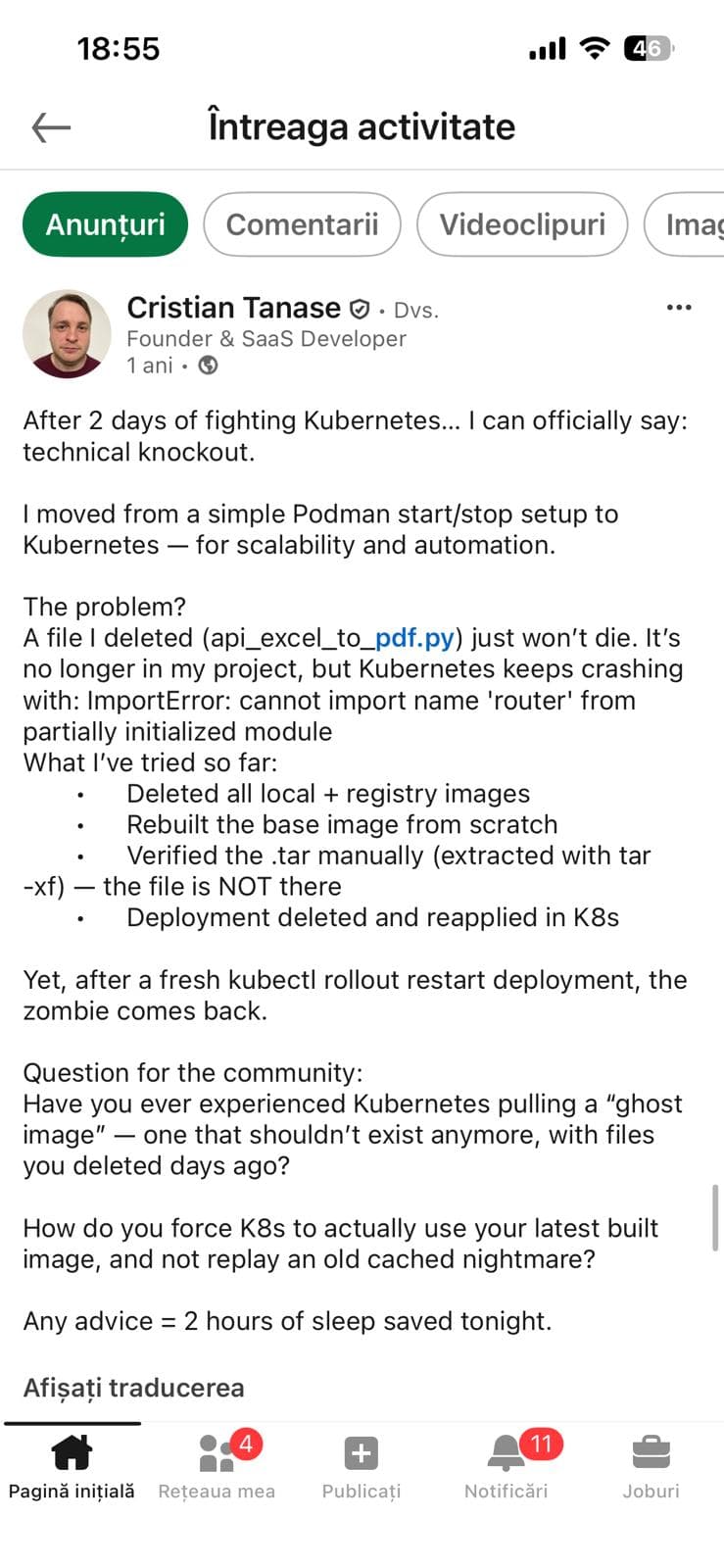 Postare LinkedIn — Kubernetes ghost image battle, mai 2025