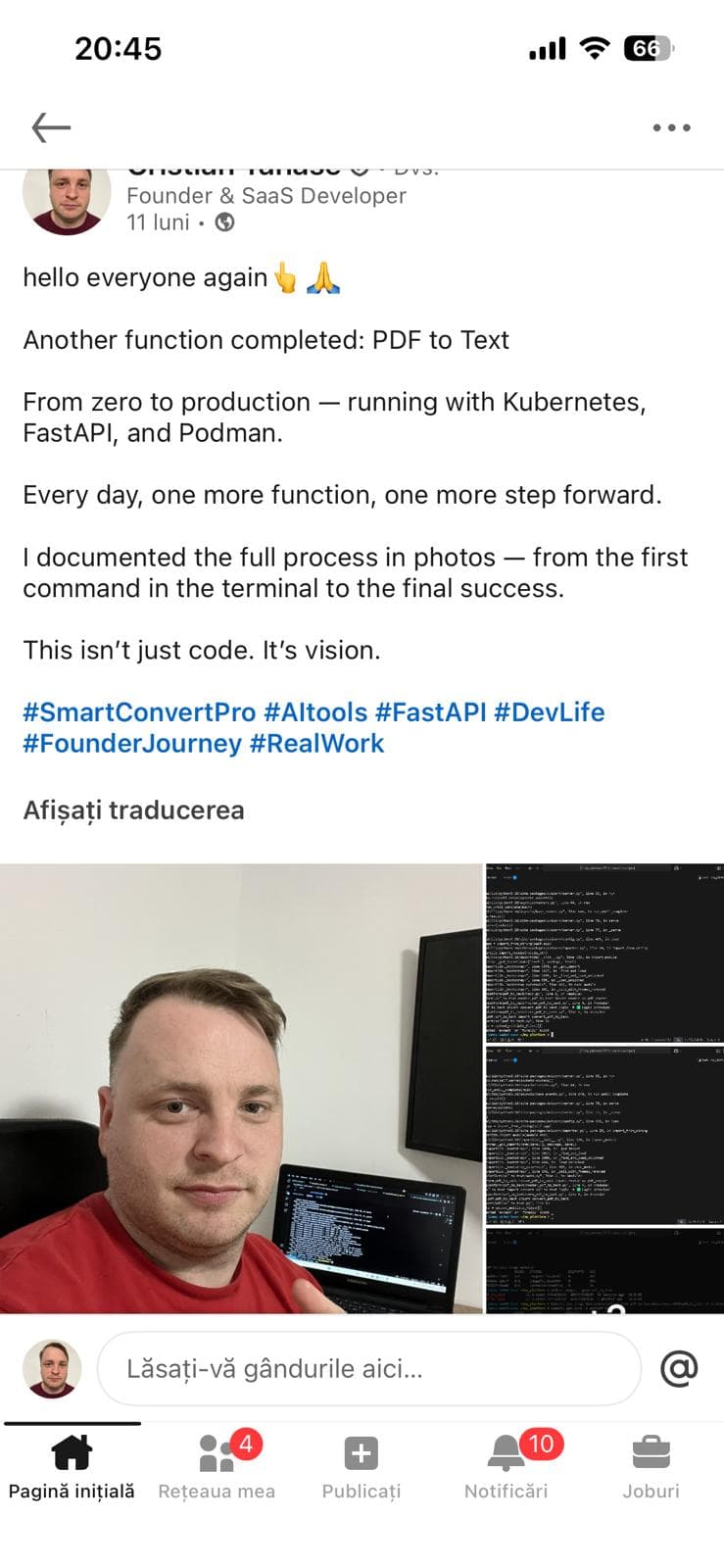 Postare LinkedIn — PDF to Text completed, selfie cu monitoare, iunie 2025