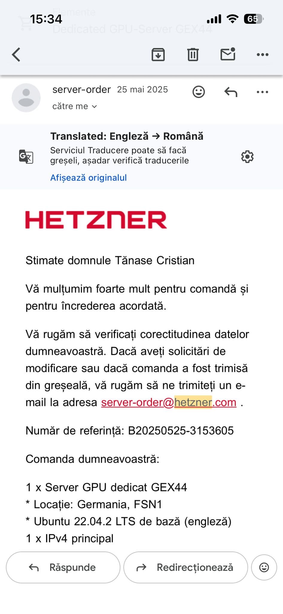 Email Hetzner — confirmare Server GPU dedicat GEX44, 25 mai 2025