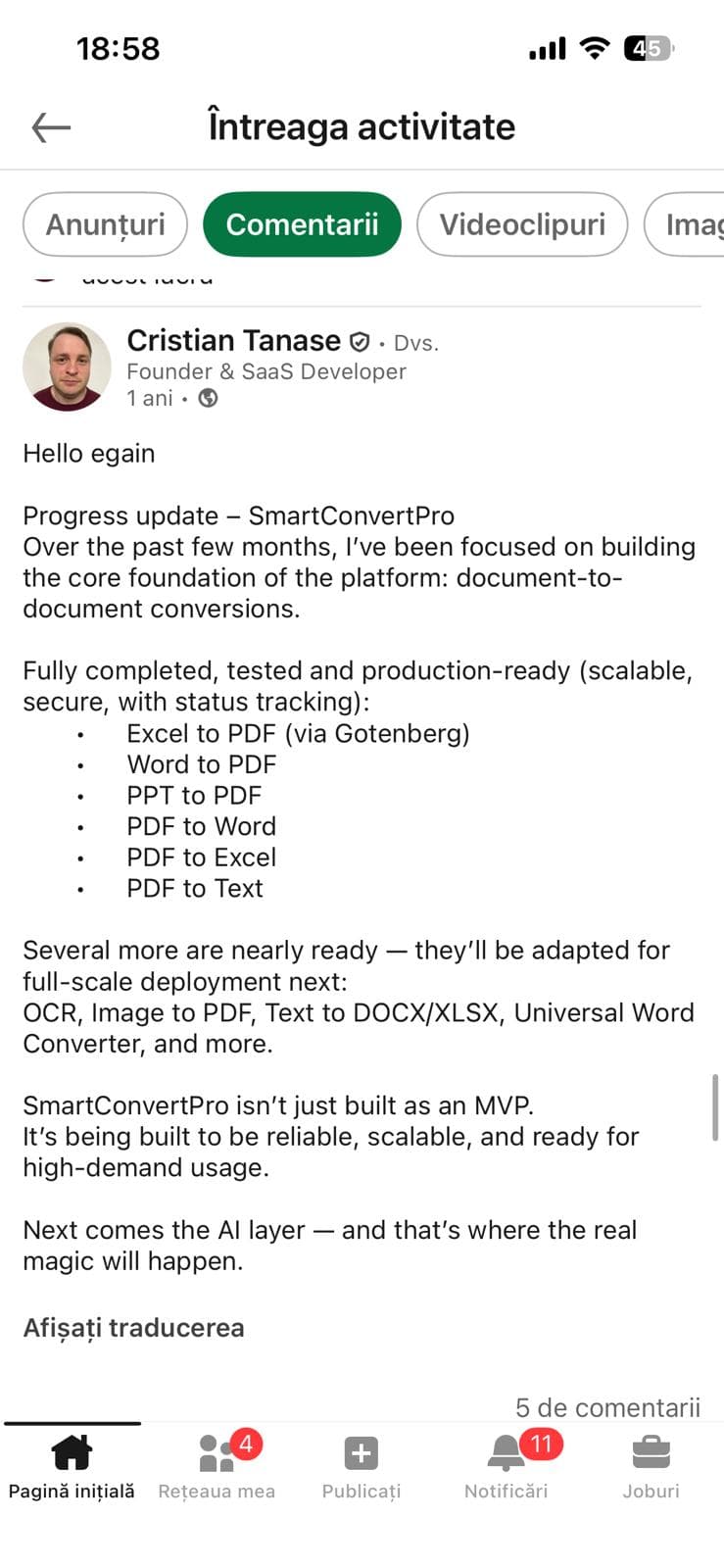 Postare LinkedIn — SmartConvertPro features production-ready
